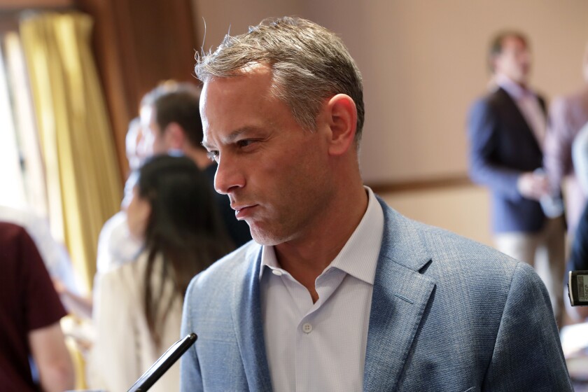FILE - Chicago Cubs general manager Jed Hoyer speaks during a media availability during the Major League Baseball general managers annual meetings in Scottsdale, Ariz., in this Tuesday, Nov. 12, 2019, file photo. Cubs president of baseball operations Jed Hoyer indicated the team might conduct more thorough background checks when deciding who to hire in the wake of sexual harassment accusations against former director of pro scouting Jared Porter. Hoyer called the alleged incidents “disturbing" on Monday, Feb. 8, 2021. He said there's “no place for them in the game," and it's his job to make sure Wrigley Field is a workplace where women can thrive. (AP Photo/Matt York, File)