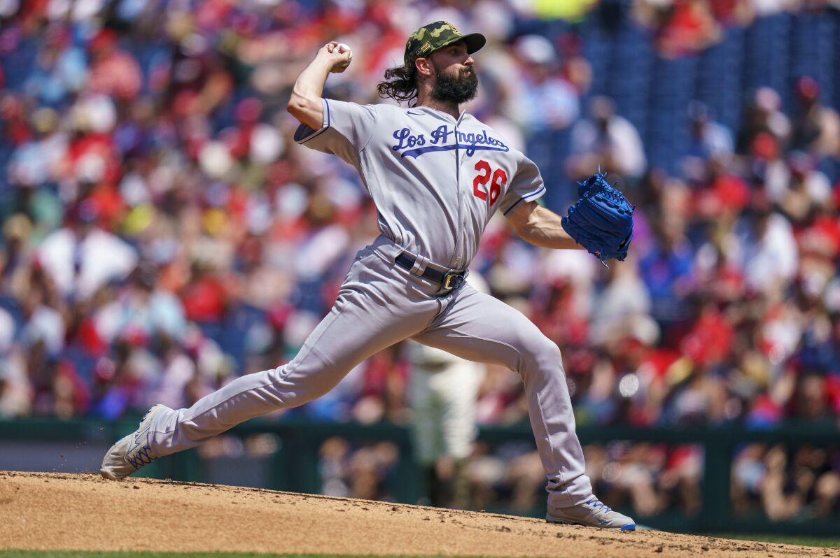 Dodgers pitcher Tony Gonsolin throws during the second inning against the Philadelphia Phillies.
