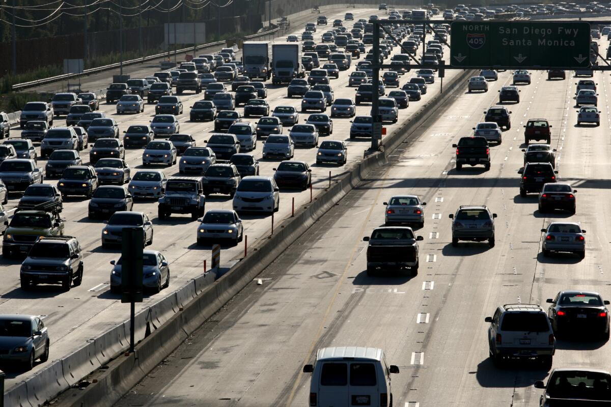 Traffic crawls along the 405 Freeway near the 22 and 605 freeways in Seal Beach, ranked by a recent study as the second-worst bottleneck in the United States.