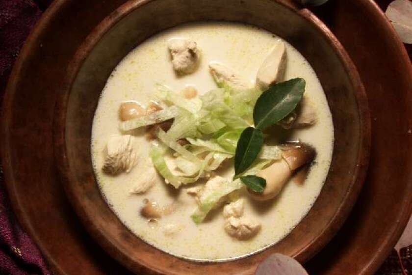 The combination of coconut milk, lime juice, fish sauce and lemon grass from the stock is sweet and fragrant. Recipe: Tom Kha Gai