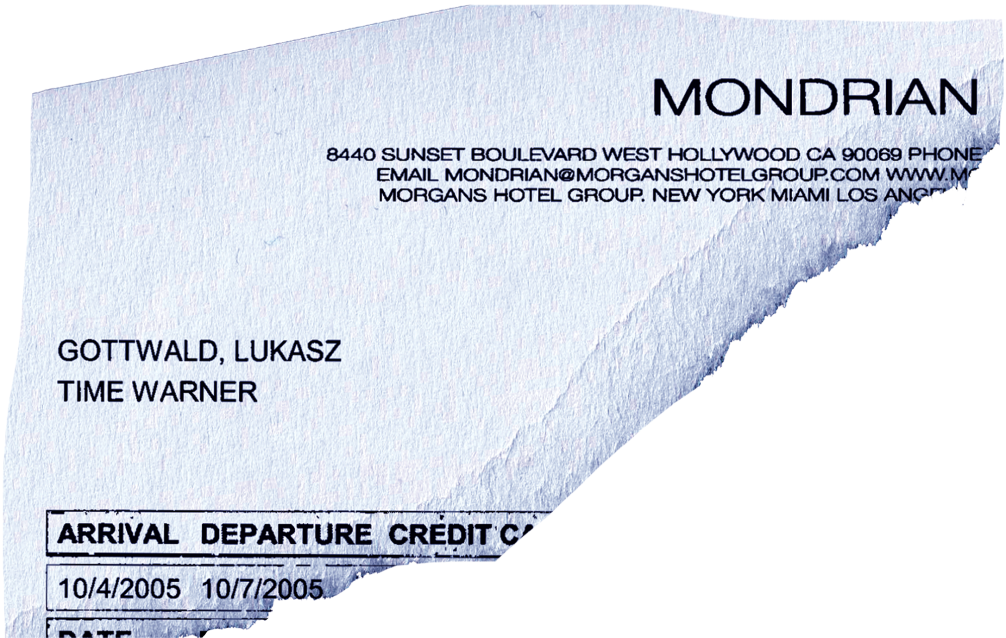 Fragment of a Mondrian Hotel receipt shows "Gottwald, Lukasz" with arrival date of 10/4/2005 and departure 10/7/2005