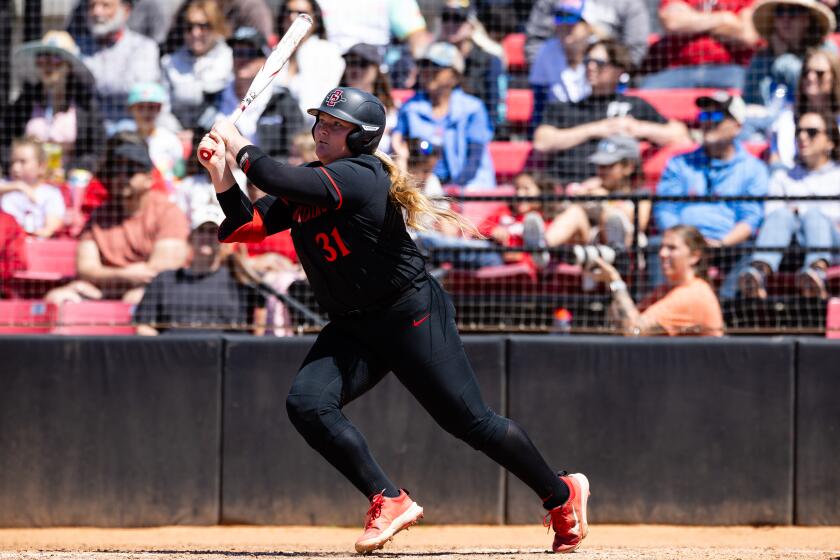 San Diego State junior Mac Barbara, the 2024 Mountain West Co-Player of the Year, hits against Boise State.
