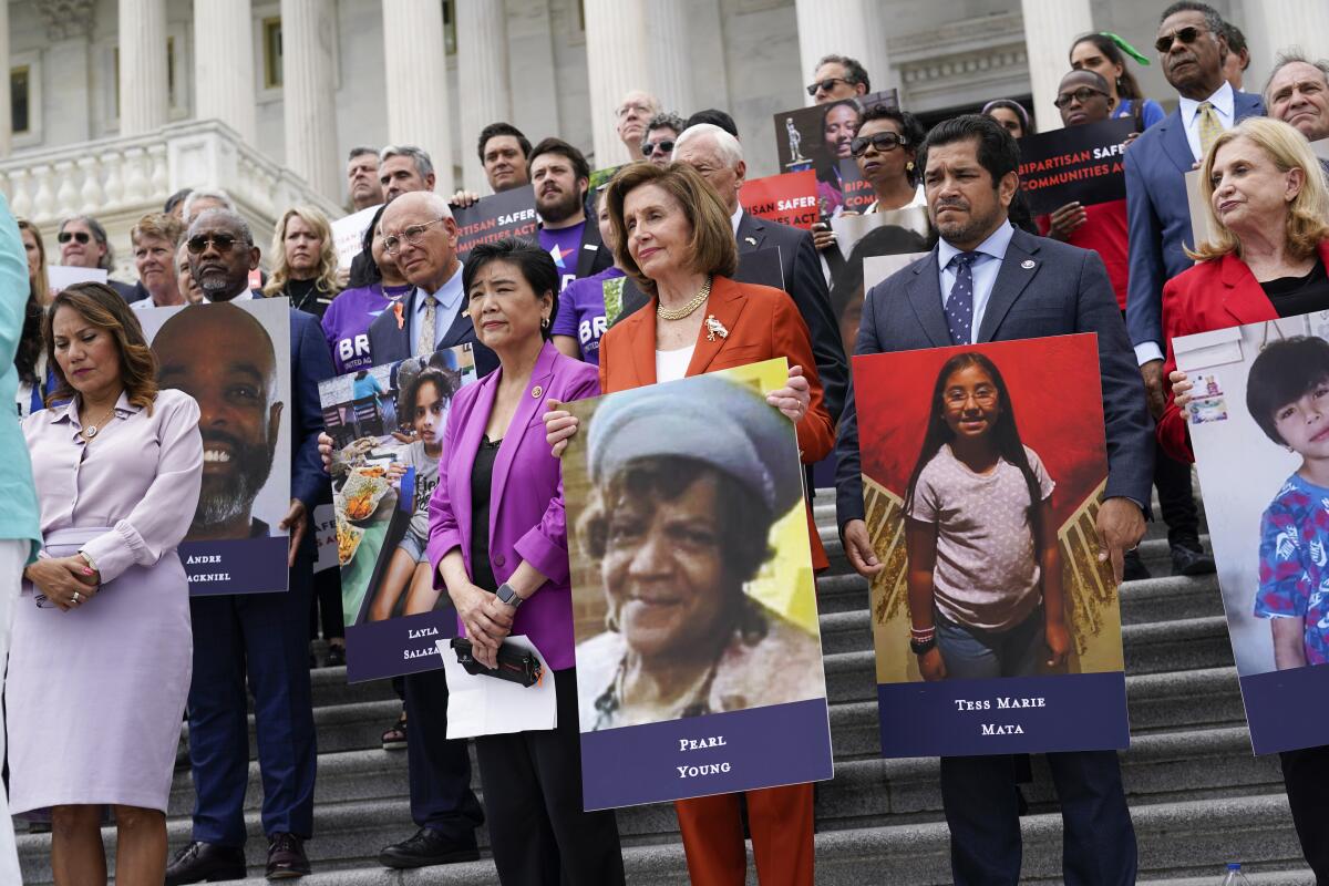 Members of Congress stand on Capitol steps, some holding photos of victims of recent mass shootings