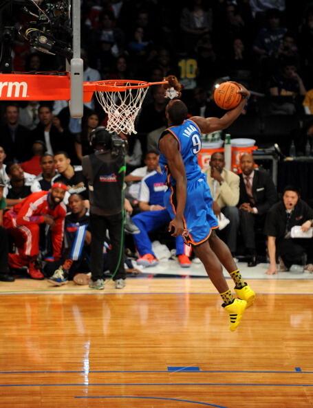 Serge Ibaka #9 of the Oklahoma City Thunder dunks during the Sprite Slam Dunk Contest during 2011 All-Star weekend.