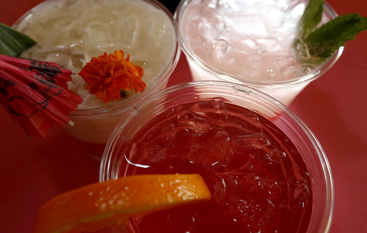 Beverages at Coachella 2018 include, clockwise from left, a chillada colada, the It's a Mule Fool and Notgroni nonalcoholic cocktails from Bar Not.