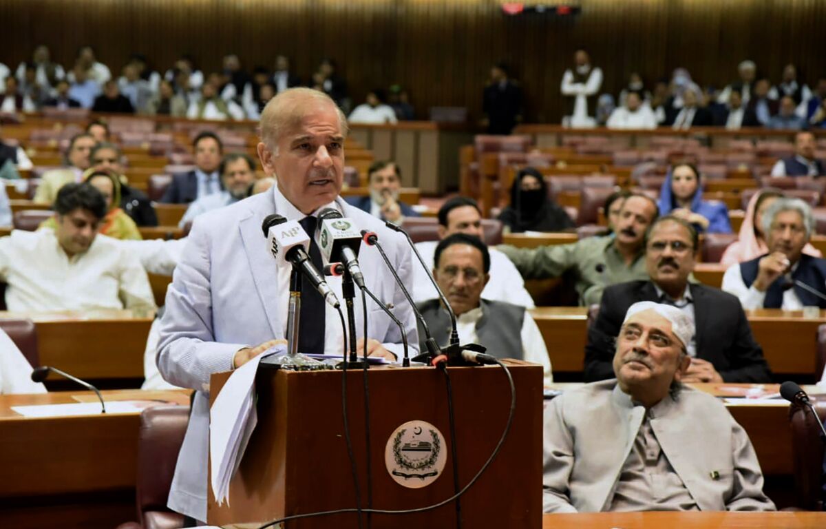 In this photo released by the Press Information Department, newly elected Pakistani Prime Minister Shahbaz Sharif addresses during the National Assembly session, in Islamabad, Pakistan, Monday, April 11, 2022. Pakistan's parliament elected opposition lawmaker Sharif as the new prime minister Monday, following a week of political turmoil that led to the weekend ouster of Premier Imran Khan. (Press Information Department via AP)