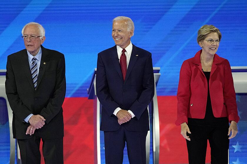Democratic presidential hopefuls, from left, Bernie Sanders, Joe Biden and Elizabeth Warren have pulled away from the pack in most national and early-state polls over the last month.