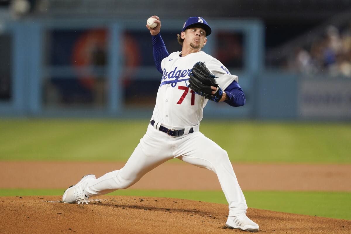 Los Angeles Dodgers starting pitcher Gavin Stone throws during the first inning.