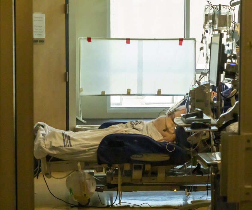 Unidentified patient is monitored in the intensive care unit of Asante Three Rivers Medical Center 