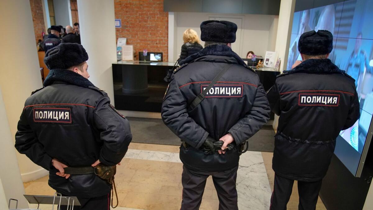 Russian police in Moscow on Friday visit the Pioner movie theater, which had been showing "The Death of Stalin" since Thursday despite the Russian Culture Ministry's decision to rescind the permit for screening it.