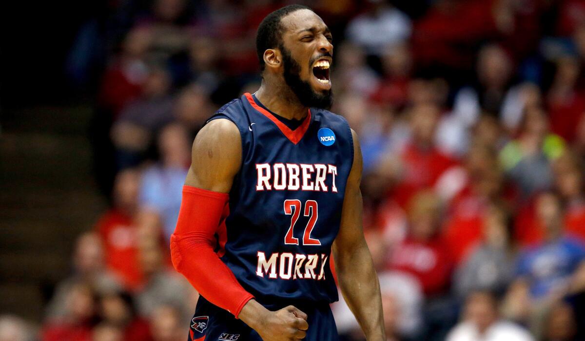 Robert Morris forward Lucky Jones celebrates during the Colonials' victory over North Florida on Wednesday night in Dayton, Ohio.