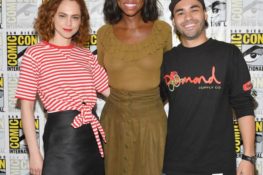 SAN DIEGO, CA - JULY 21: (L-R) Fiona Dourif, Amanda Warren and Gabriel Chavarria attend the 'The Purge' Press Line during Comic-Con International 2018 at Hilton Bayfront on July 21, 2018 in San Diego, California. (Photo by Dia Dipasupil/Getty Images) ** OUTS - ELSENT, FPG, CM - OUTS * NM, PH, VA if sourced by CT, LA or MoD **