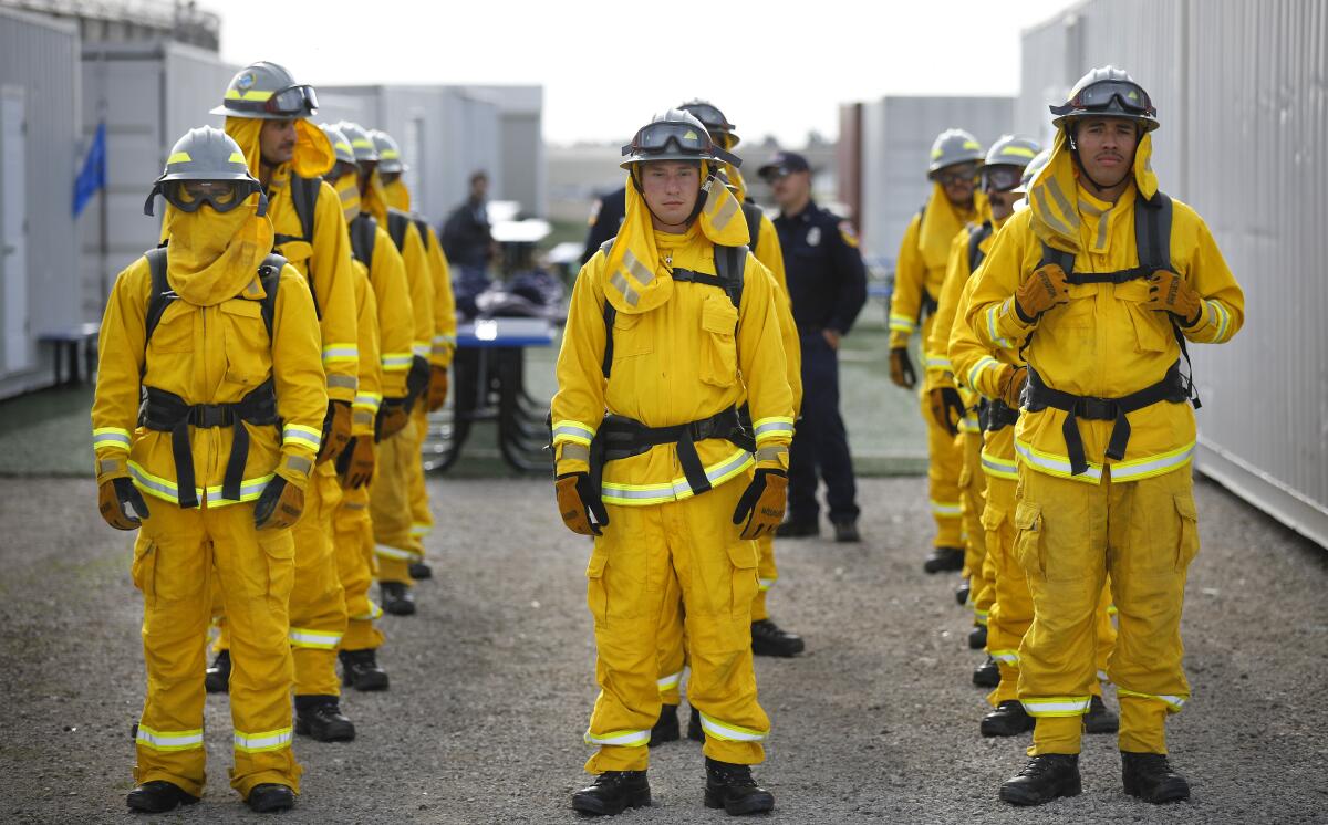Fire cadets prepare to train Jan. 29 at the Ventura Training Center in Camarillo. The cadets are former prison inmates.
