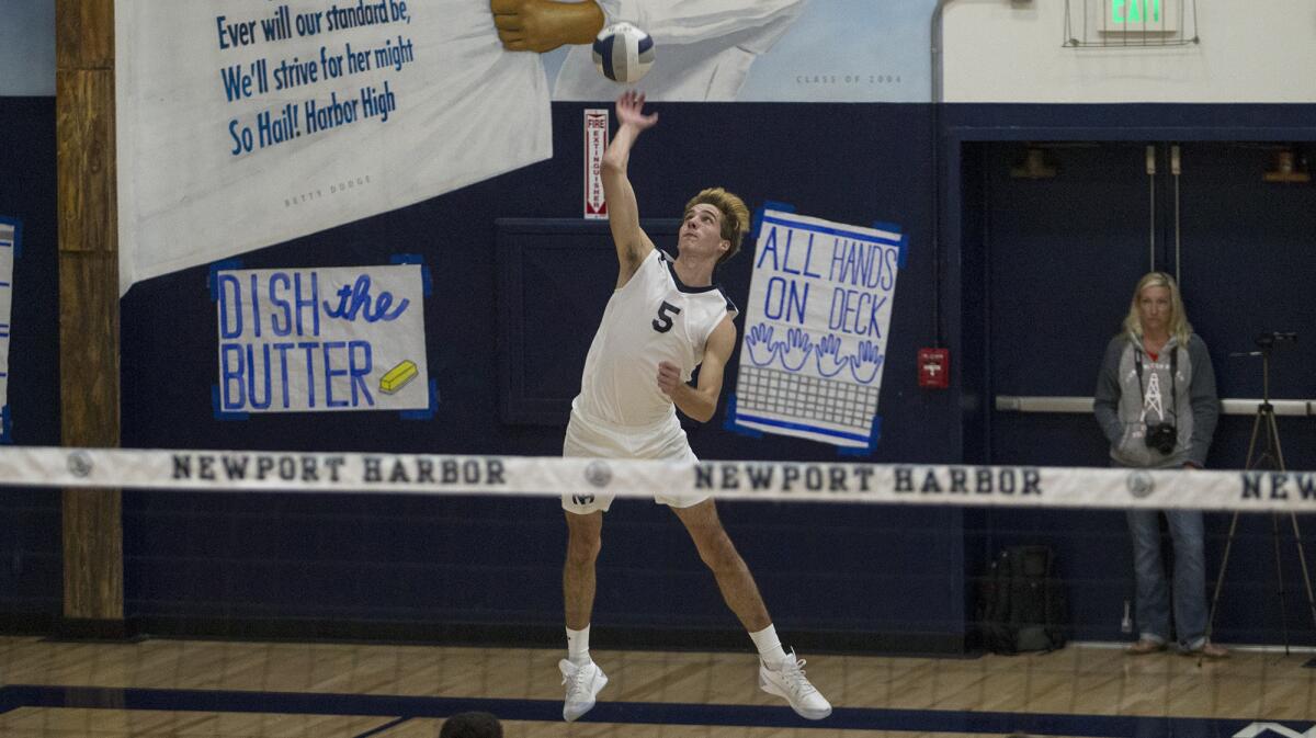 Newport Harbor High's Cole Pender (5), shown in a April 7, 2017 match, earned tournament MVP honors as the Sailors won the Best of the West Tournament's Gold Division on Saturday.