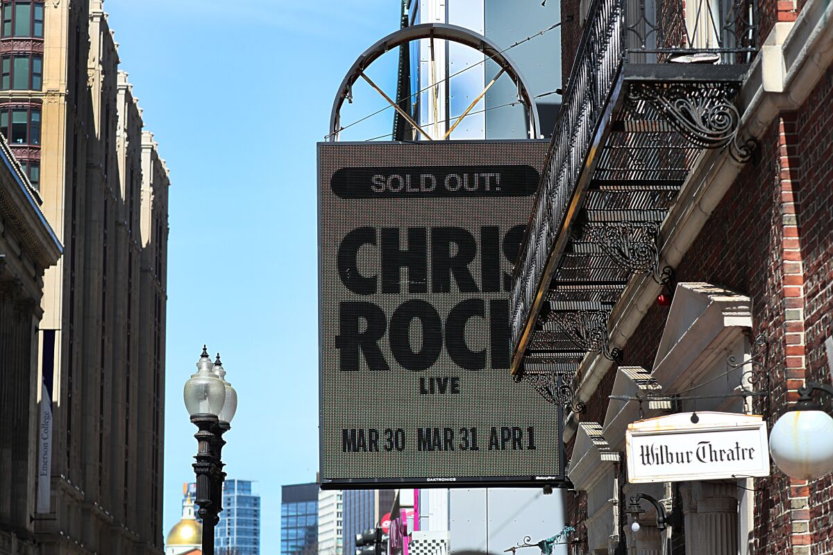A sign for the sold-out Chris Rock show at the Wilbur theater in Boston.