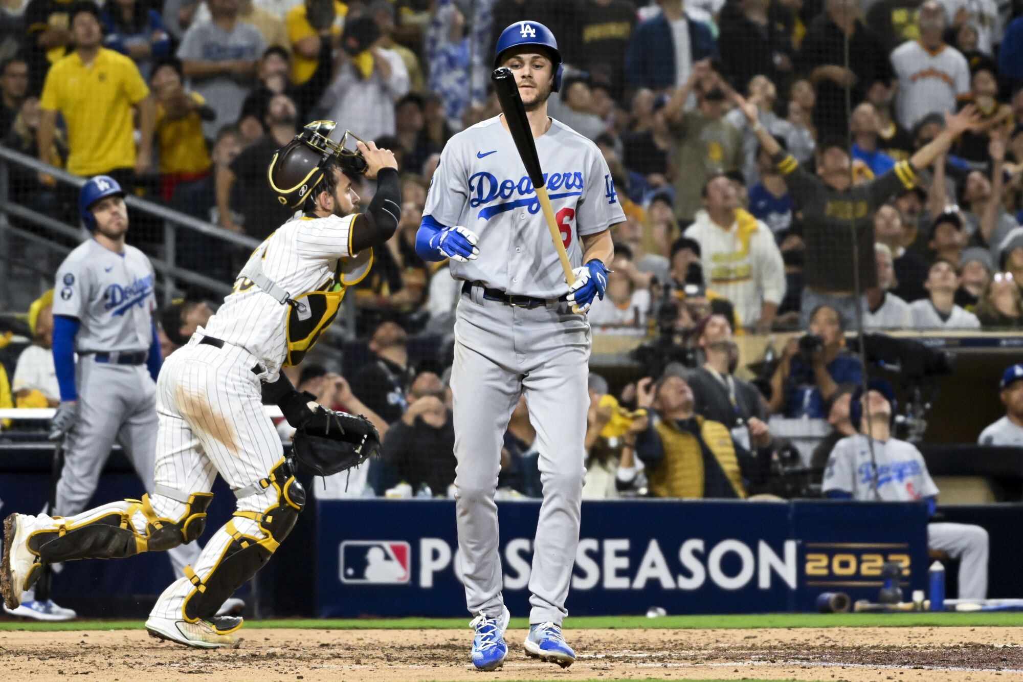 Dodgers shortstop Trea Turner reacts after popping out against the Padres in Game 3 of the NLDS.