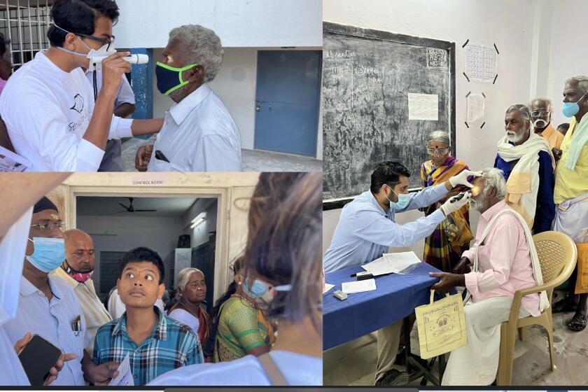 A collage of photos from eye-care camps in India, for which Bishop's School student Rithvik Raguram helps raises money through concerts.