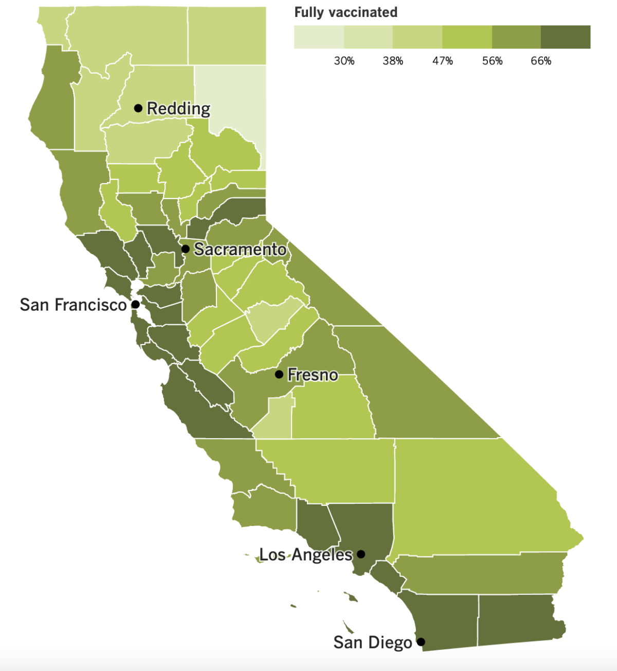 A map showing California's vaccination progress by county.