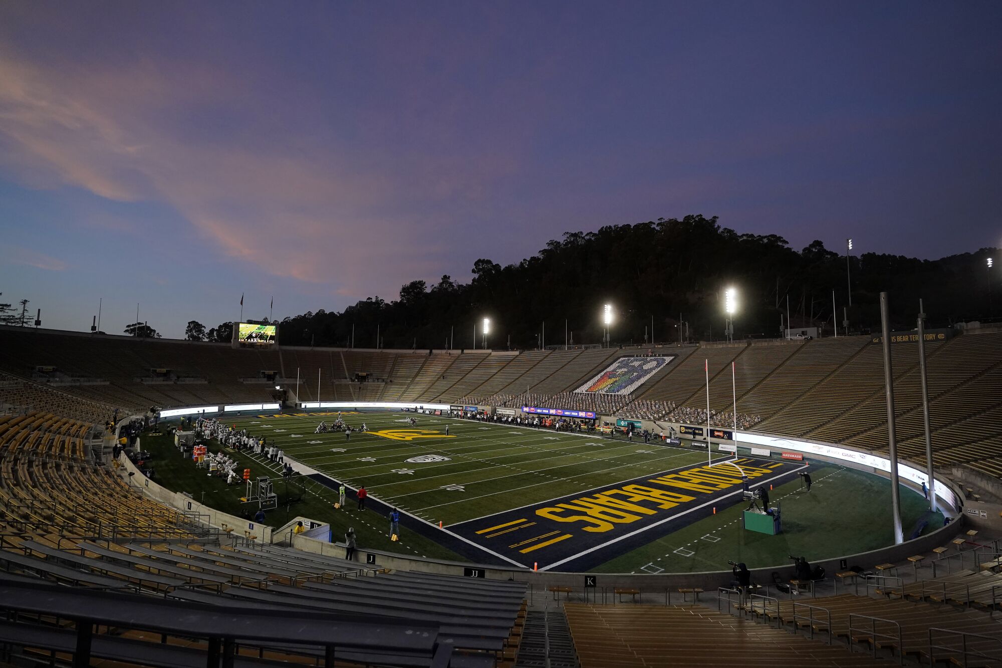 Empty seats are viewed at California Memorial Stadium.