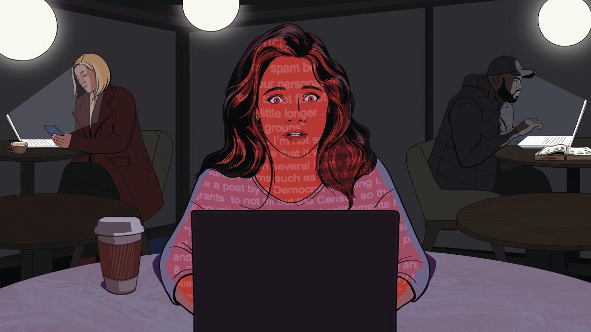 Illustration of a woman lit up by a red glow and text while using a laptop, as two others use laptops in the dark behind her