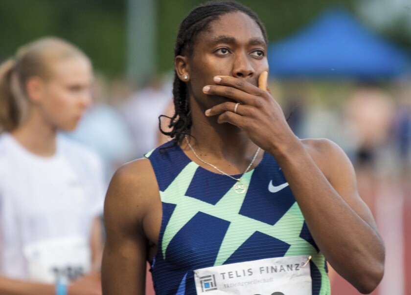 Caster Semenya reacts before the women's 5000 meter race in Regensburg, Saturday, June 19, 2021. The two-time 800-meter Olympic champion from South Africa once again missed out on qualifying for the Summer Games in Tokyo during her surprising start in Regensburg. (Stefan Puchner/dpa via AP)
