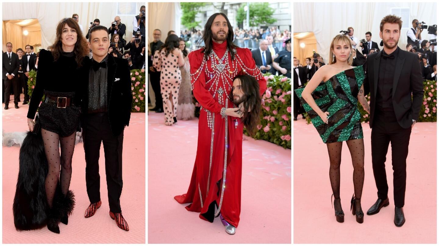 At left, Charlotte Gainsbourg with Rami Malek (both in Saint Laurent by Anthony Vaccarello), Jared Leto with himself (in Gucci) and Miley Cyrus with Liam Hemsworth (also both in Saint Laurent by Anthony Vaccarello) arrive at the 2019 Met Gala.