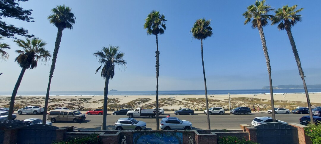 The view of the beach and Pacific Ocean from the second floor of Crown Manor in Coronado.