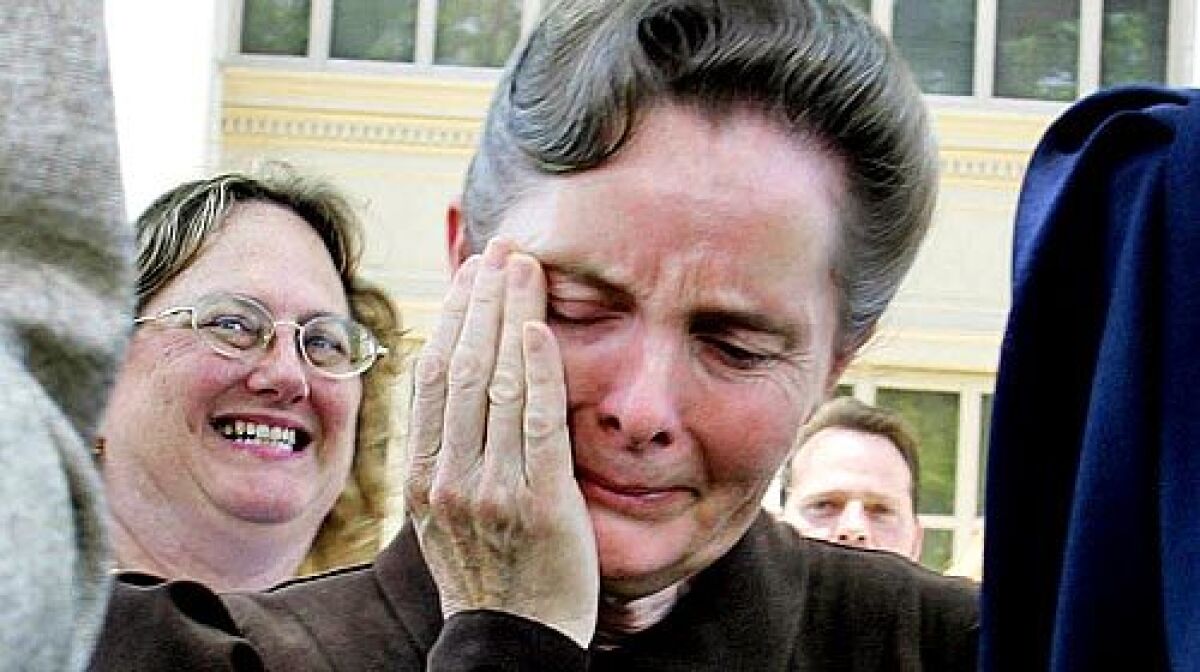Marie Steed, a member of the Fundamentalist Church of Jesus Christ of Latter Day Saints, weeps after a state appeals court in Texas ruled that authorities had no right to seize more than 440 children in a raid on the sect's ranch last month.