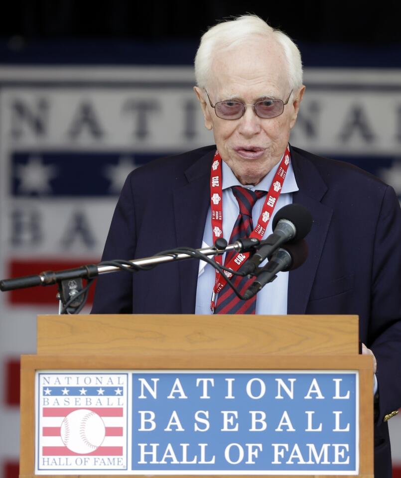 Dr. Frank Jobe speaks at a ceremony honoring him at Doubleday Field in Cooperstown, N.Y.