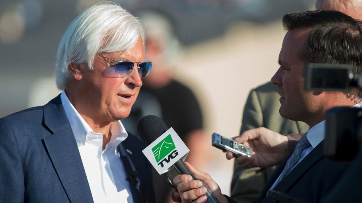 Trainer Bob Baffert is interviewed after Arrogate finished fourth in the San Diego Handicap at Del Mar Thoroughbred Club on July 22.
