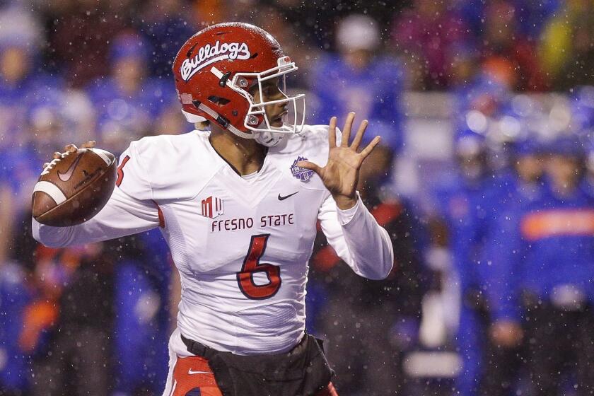 Fresno State quarterback Marcus McMaryion (6) looks downfield against Boise State in the first half of an NCAA college football game for the Mountain West championship, Saturday, Dec. 1, 2018, in Boise, Idaho. Fresno State won 19-16. (AP Photo/Steve Conner)