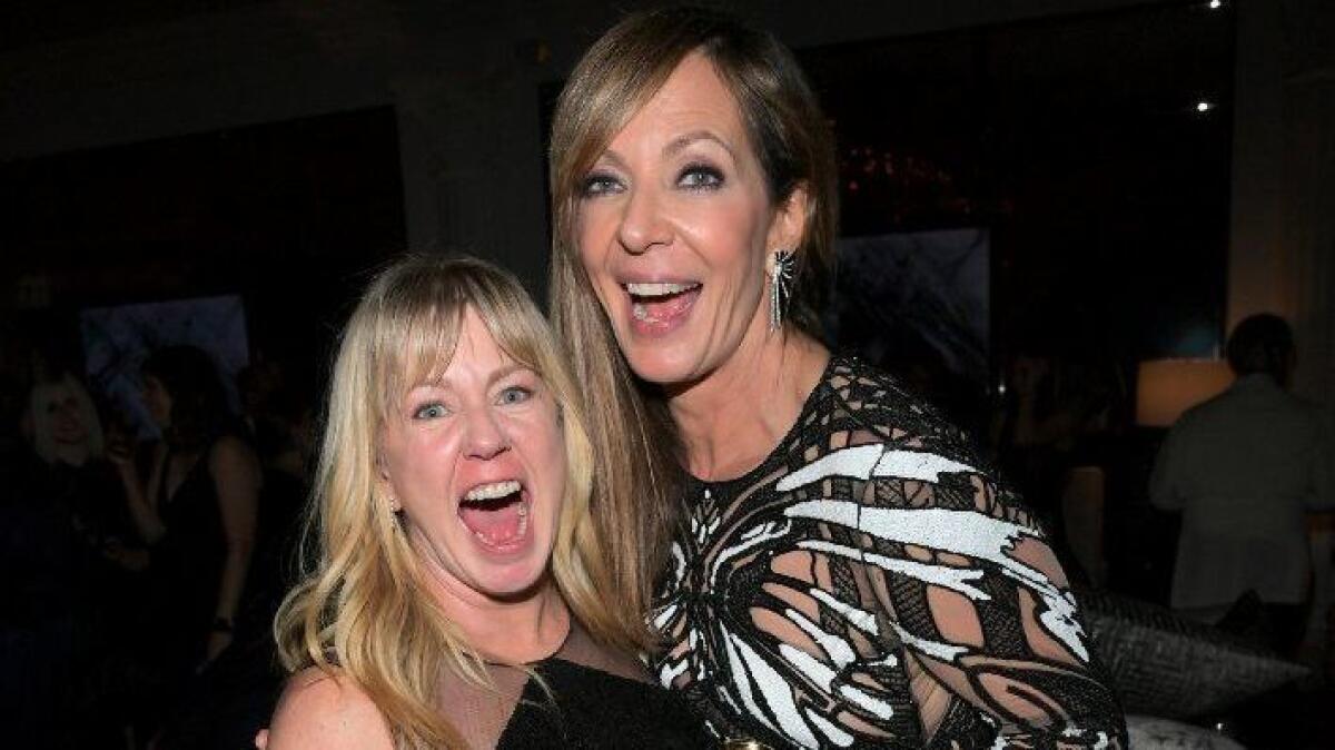 Figure Skater Tonya Harding, left, and Golden Globe winner Allison Janney attend the 2018 InStyle and Warner Bros. Golden Globe Awards post-party at the Beverly Hilton Hotel in Beverly Hills.
