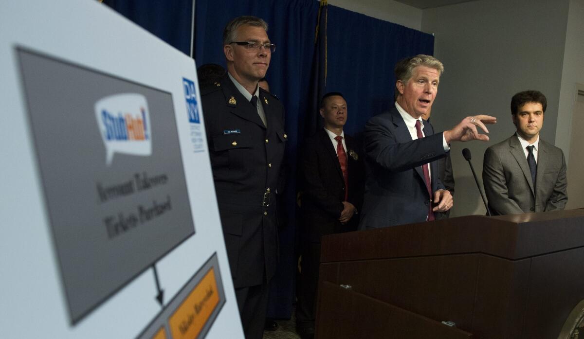 Manhattan Dist. Atty. Cyrus R. Vance Jr. announces the indictments of members of an alleged international cyber-crime ring that targeted StubHub customers.