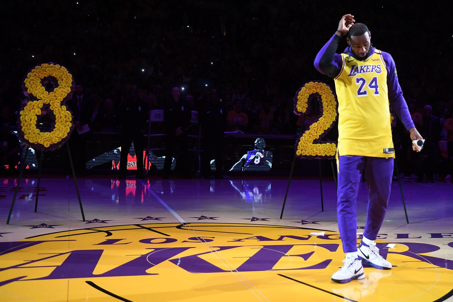LeBron James speaks to the crowd at Staples Center during a ceremony honoring the life of Kobe Bryant at Staples Center on Jan. 31, 2020.