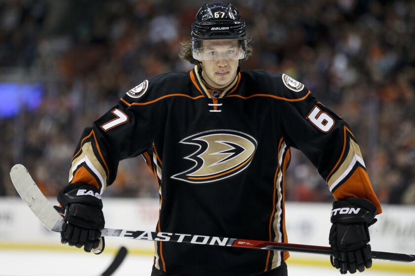 Rickard Rakell plays for the Ducks against New Jersey Devils on March 14.
