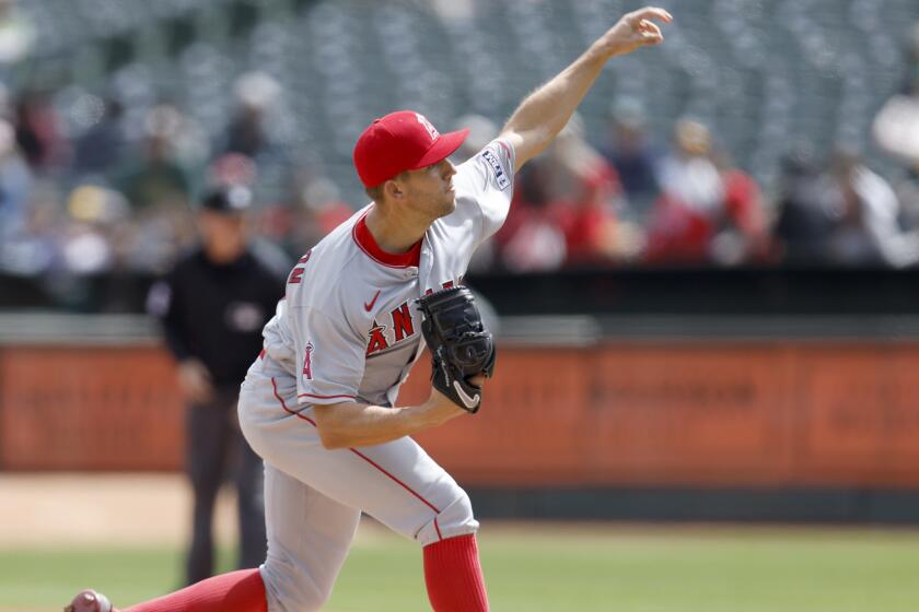 Los Angeles Angels starting pitcher Tyler Anderson throws against the Oakland Athletics.