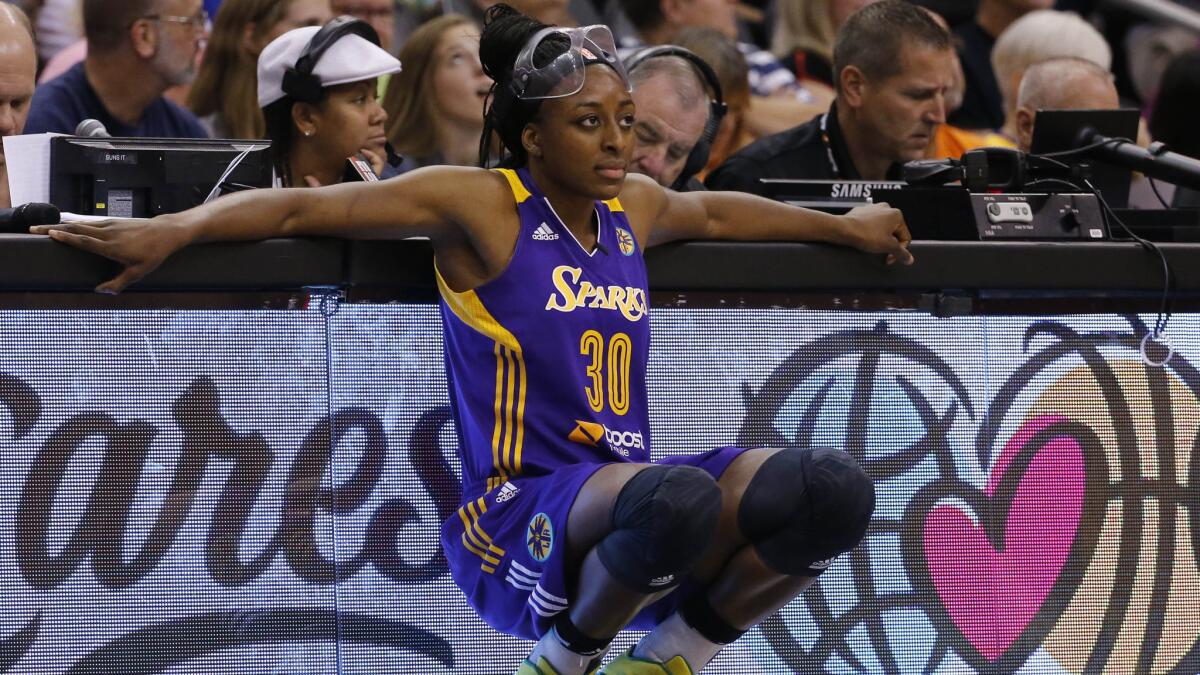Sparks forward Nneka Ogwumike waits to enter the game during the WNBA All-Star game in Phoenix on Saturday.