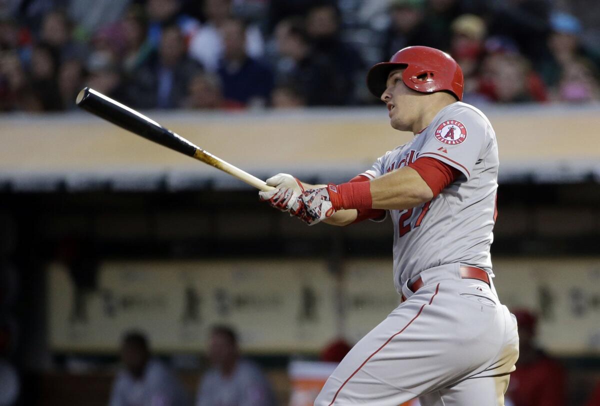 Angels star Mike Trout hits a solo-home run against the Oakland Athletics on April 29.