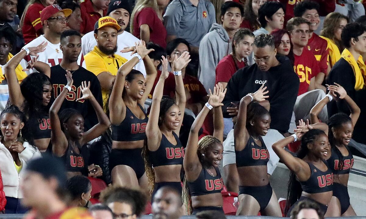 The Cardinal Divas perform during the USC-Arizona State game at the Los Angeles Memorial Coliseum