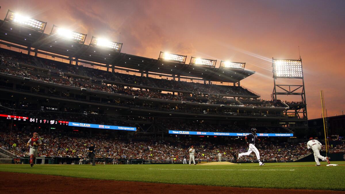The sun sets behind Nationals Park during a game between the Washington Nationals and Baltimore Orioles in August 2012.