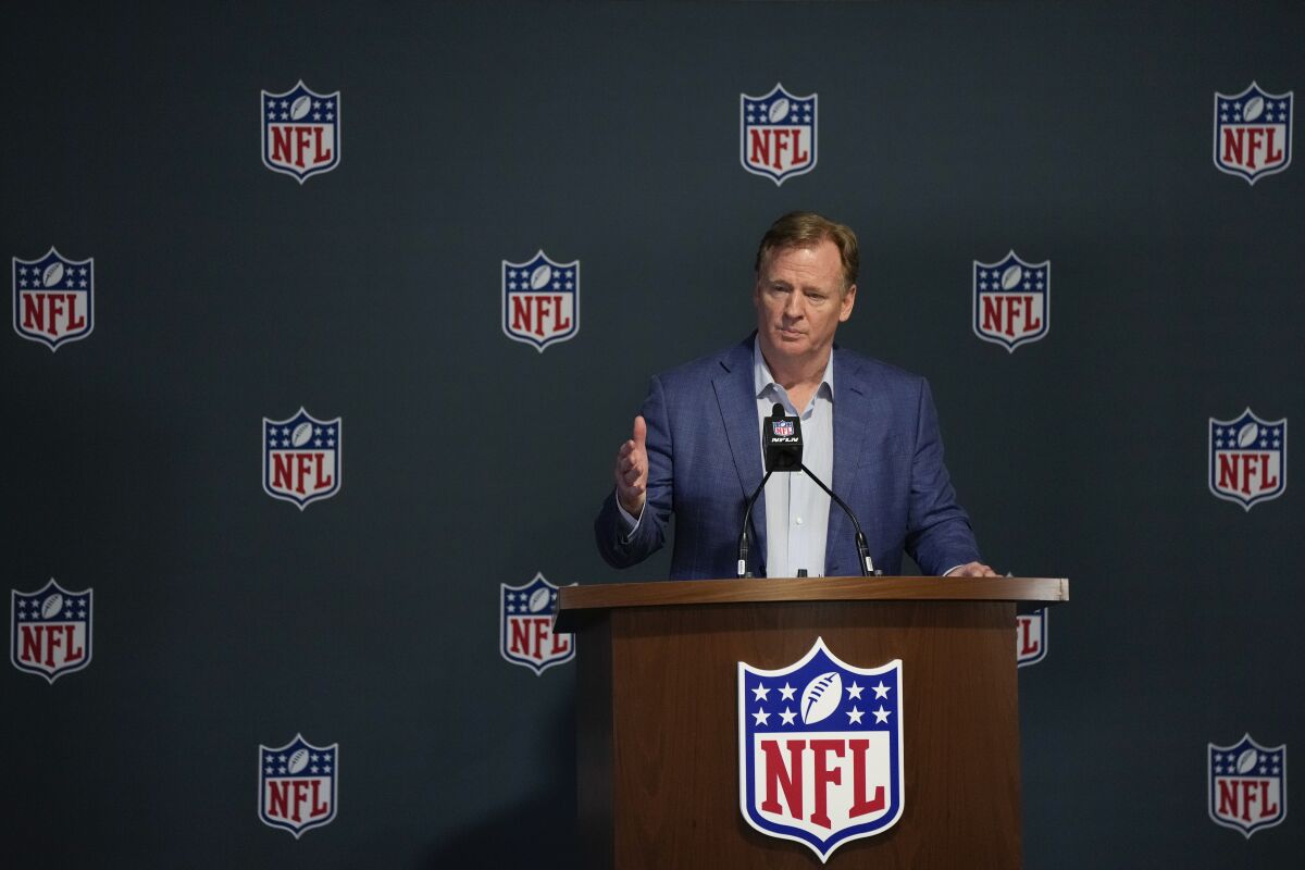 NFL Commissioner Roger Goodell answers questions from reporters, at a press conference after the close of the NFL owner's meeting, Tuesday, March 29, 2022, at The Breakers resort in Palm Beach, Fla. (AP Photo/Rebecca Blackwell)