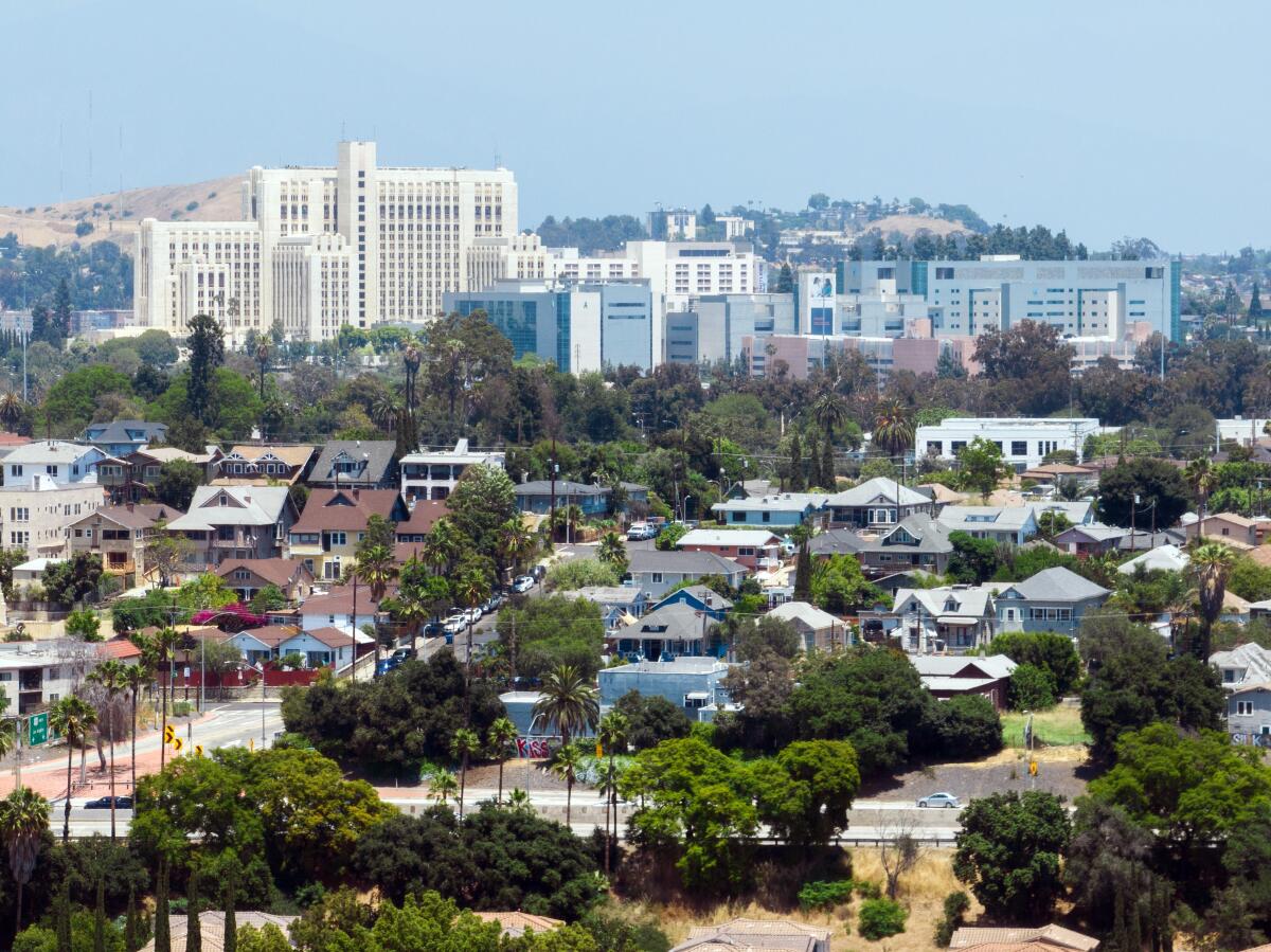 View of LA General Medical Center and homes with the foreground.