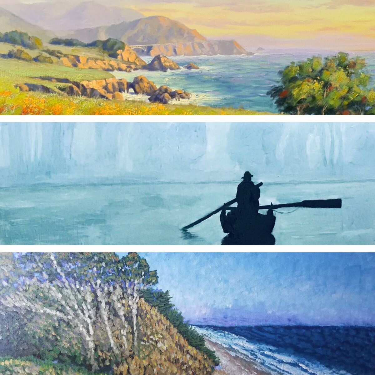 Works by Jose Luis Nunez, Dan Kilgore and Chris Conroe (top to bottom) are on view at the La Jolla Community Center.