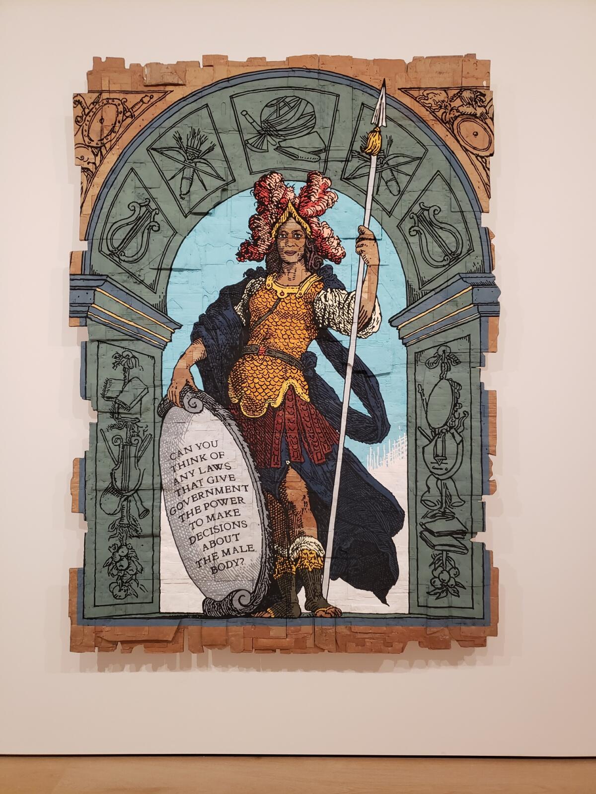 A work of art depicts Kamala Harris holding a spear.