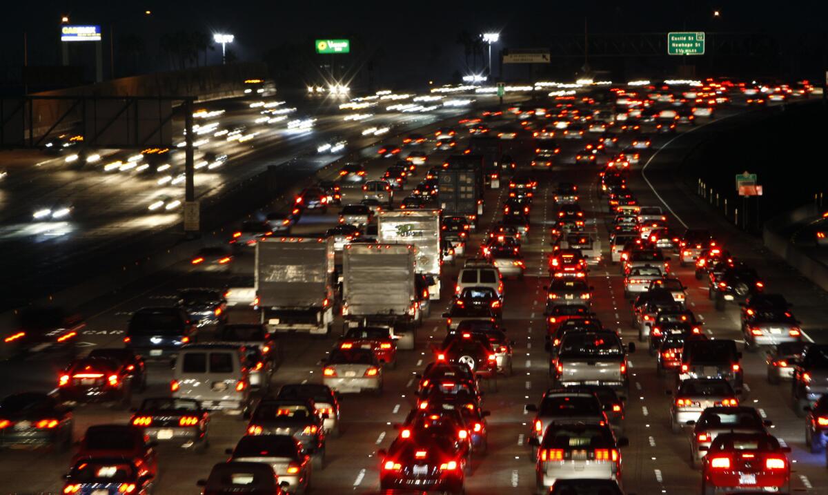 Traffic on the northbound 405 freeway, one of the most congested in the country, slows to a a crawl during evening rush hour.