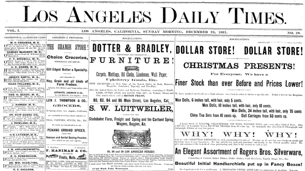The Los Angeles Times - then the Los Angeles Daily Times - was only a few weeks old when Christmas 1881 rolled around. And yes, we had an opinion, of sorts, about the holiday.