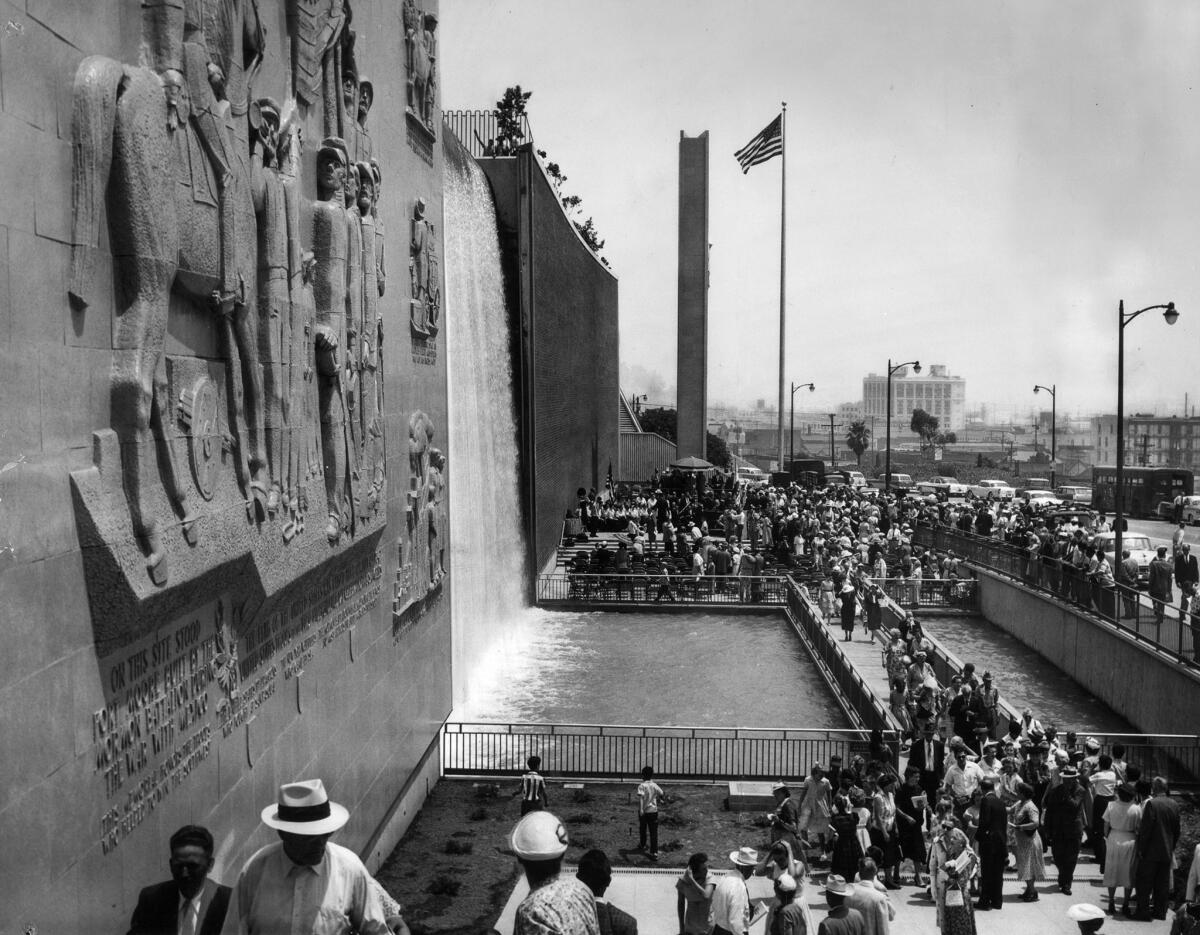 July 3, 1958: Crowd attend the dedication of Ft. Moore Pioneer Memorial on Hill Street north of the Hollywood Freeway.