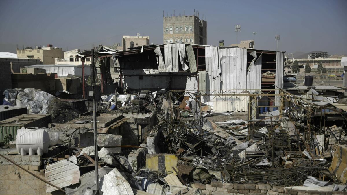 The site of an airstrike by Saudi-led coalition in Sanaa, Yemen on April 10.