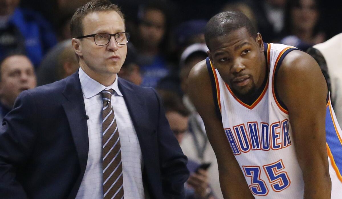 Coach Scott Brooks, left, and the Thunder will have to make due without forward Kevin Durant for several weeks.