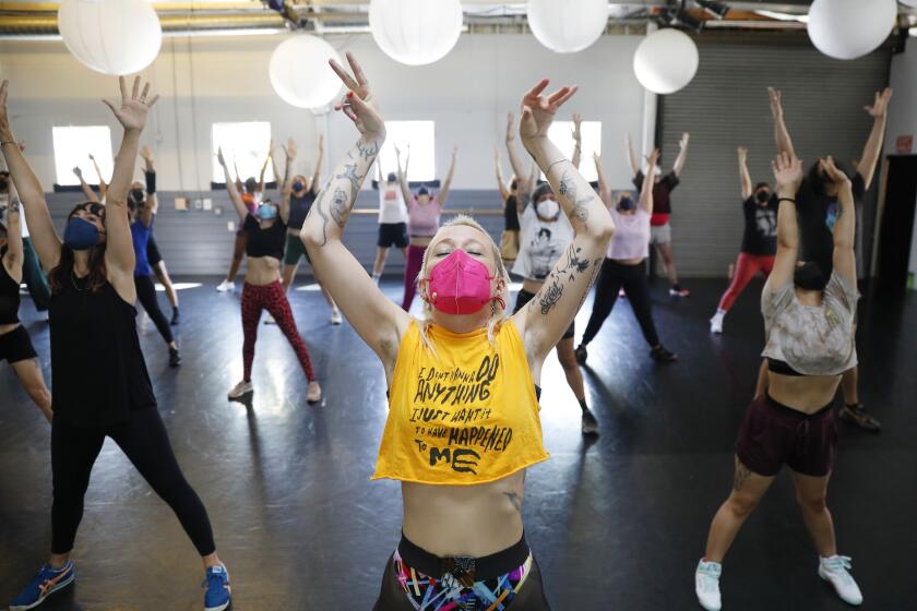 LOS ANGELES-CA-JULY 13, 2022: Emilia Richeson teaches a Pony Sweat Aerobics class in Los Angeles on Wednesday, July 13, 2022. (Christina House / Los Angeles Times)